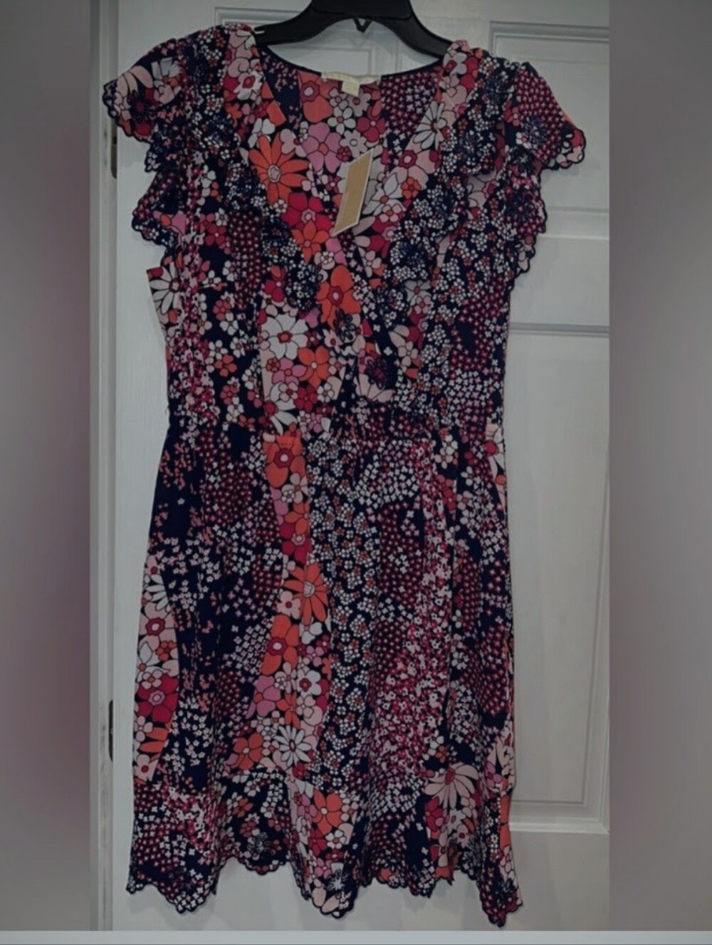 NWT Michael Kors Pink and Blue Floral Dress, Size Large Faux Wrap
